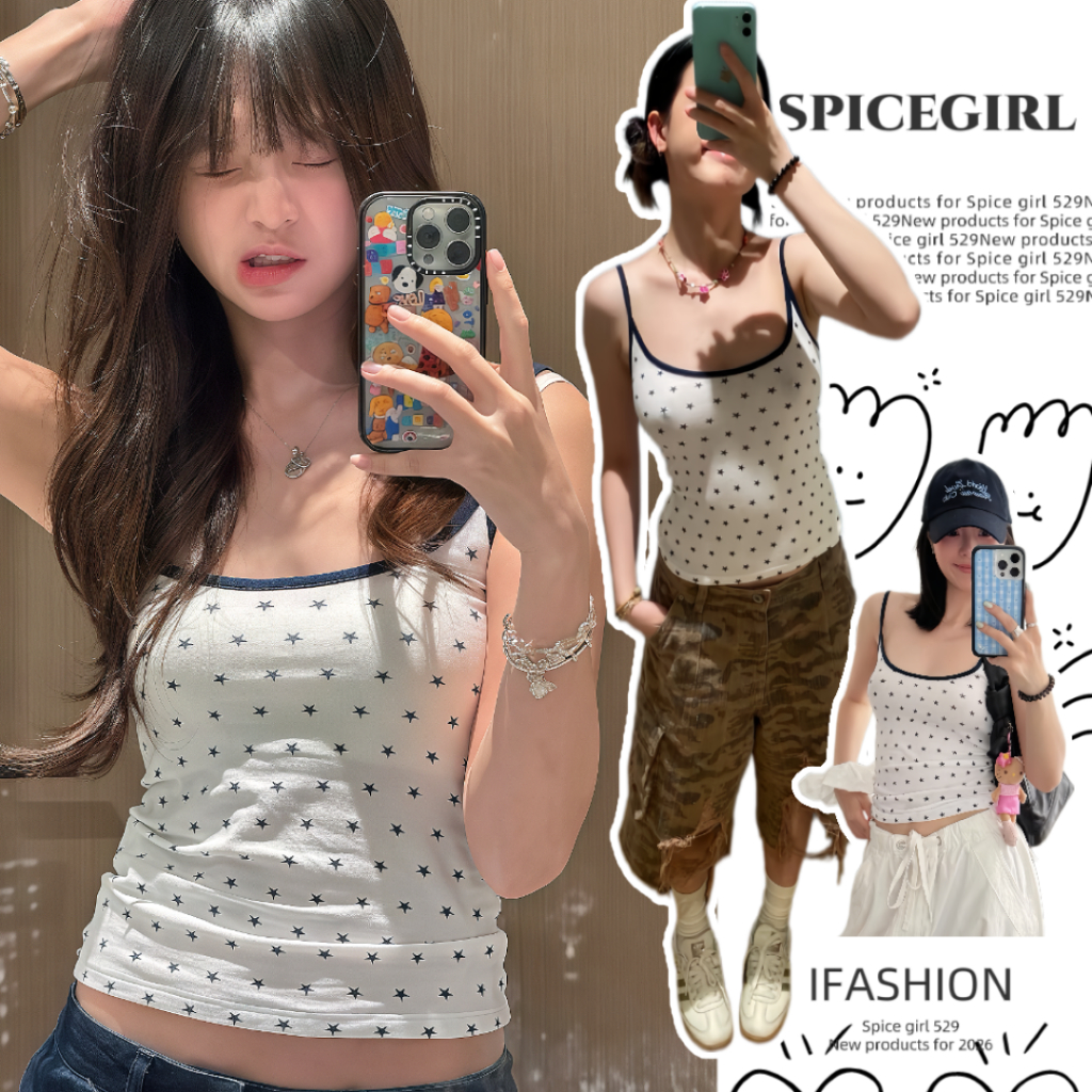 🔥SG🔥พร้อมส่ง เสื้อสายเดี่ยวผู้หญิง ลายดาวเล็ก ดีไซน์มินิมอล ผ้าฝ้าย ยืดหยุ่นสูง สไตล์เกาหลี เสื้อกล้ามครอปแฟชั่น
