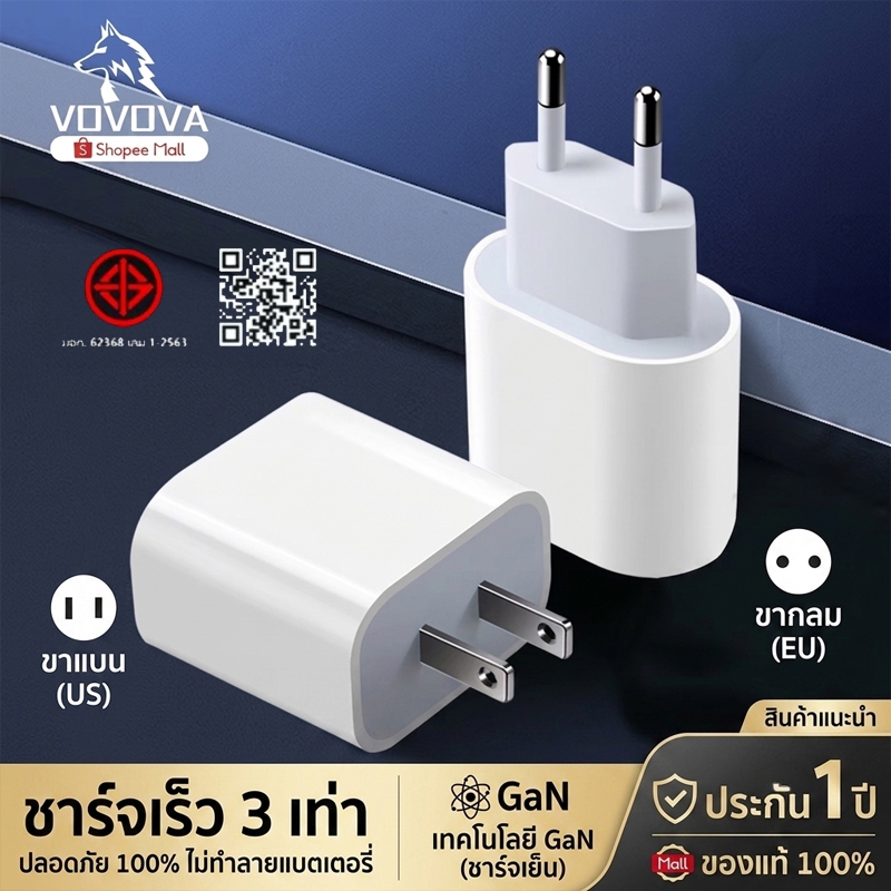 VOVOVA หัวชาร์จ PD 20W GaN A4X ที่ชาร์จ USB C Fast Charger อะแดปเตอร์ สำหรับIP17 IP16 IP15 IP14 IP13 IP12 IP16