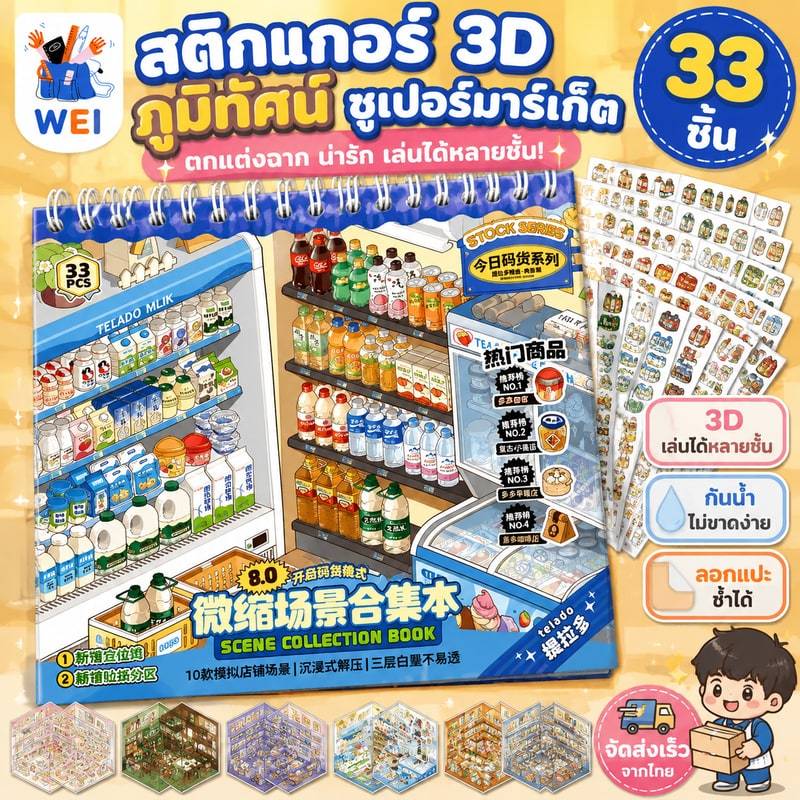 เอ่อ 33ชิ้น[ชุดซูเปอร์มาร์เก็ตเล็กๆน้อยๆ] 3ง กันน้ําภูมิทัศน์สติกเกอร์หนังสือ งodo ซูเปอร์มาร์เก็ตร้านอาหารเช้าการ์ตูนสไ