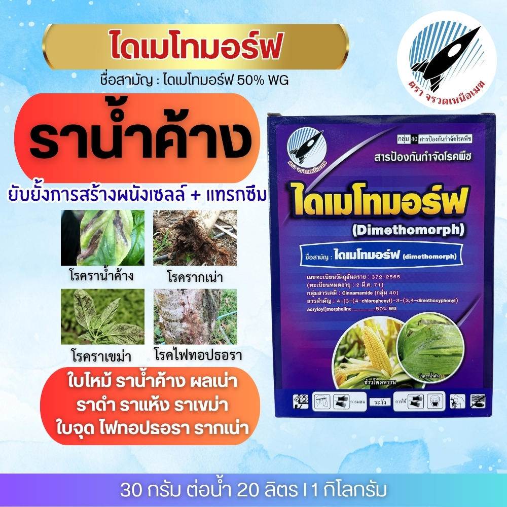 ไดเมโทมอร์ฟ (Dimethomorph50% WG) ราน้ำค้าง ราเขม่า ใบไหม้ ราดำ ใบจุด รากเน่า ผลเน่า ไฟทอปธอรา 1 กิโลกรัม
