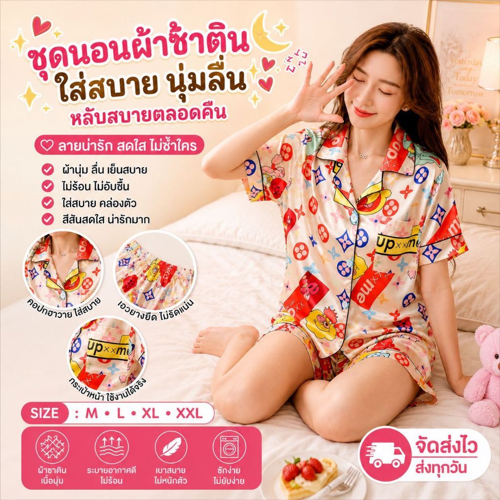 SW6023 ชุดนอนผู้หญิง  ผ้าซาติน แขนขาสั้น ลายน่ารัก  ชุดนอนซาติน นุ่มลื่นใส่สบาย  M-2XL เกรดพรีเมี่ยม