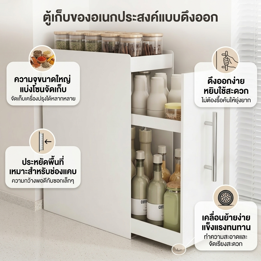 ชั้นวางเครื่องปรุงแบบลิ้นชัก เหล็กคาร์บอน กันสนิม ปรับยืดได้ จุเยอะ ประหยัดพื้นที่ กันฝุ่น