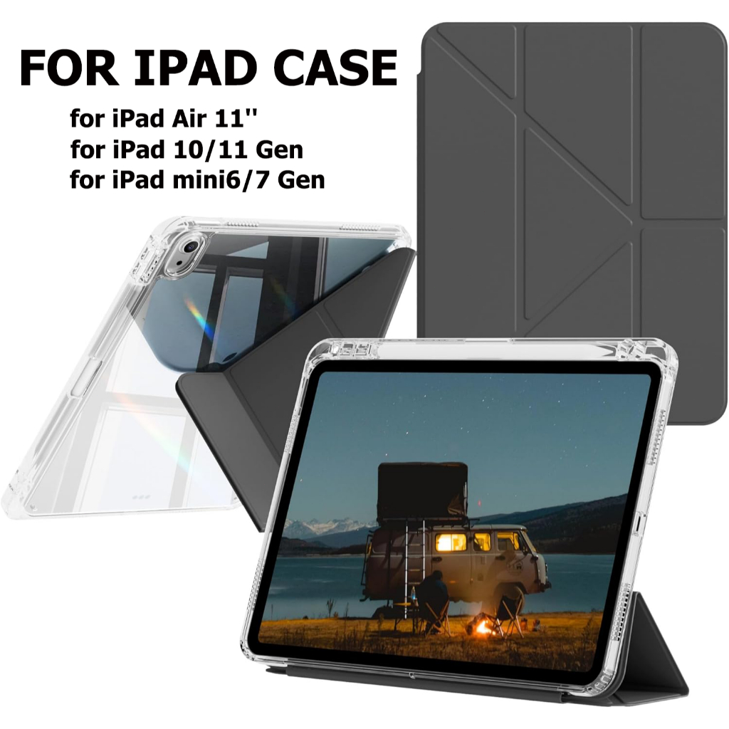 ฟอลิโอ iPad มีช่องเก็บปากกาแบบโปร่งใส，ใช้ได้กับ iPad Air 4/5/6/7/8 Gen,iPad 10/11 Gen,iPad mini 6/7 