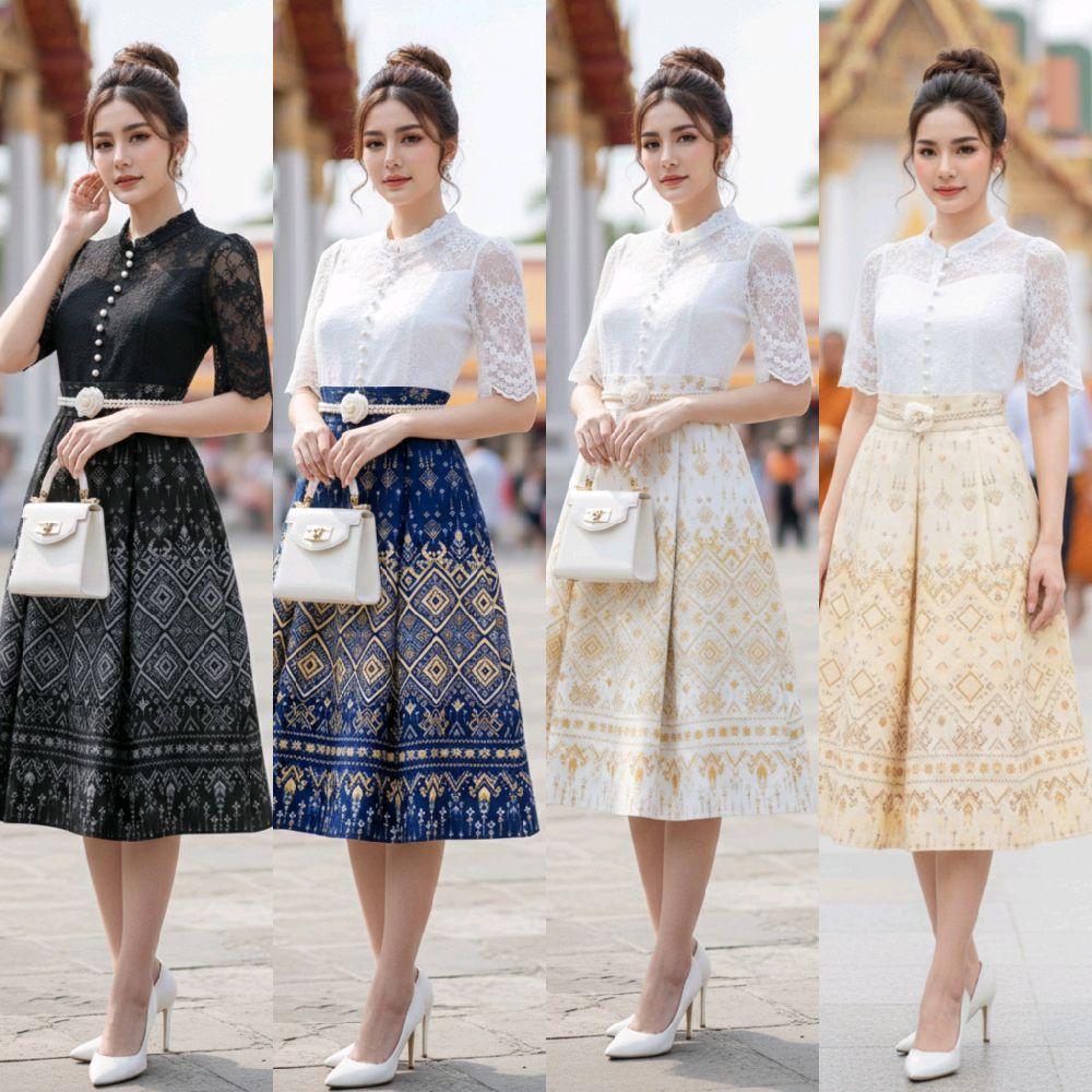 P121 ชุดเดรสไทยประยุกต์ (ฟรีไซส์ ML)ชุดเดรสลายไทย ผ้าโคโค่พิมพ์ลาย เสื้อผ้าลูกไม้ คอจีน มีซับในทั้งตัว ชุดใส่ไปทำบุญ ช