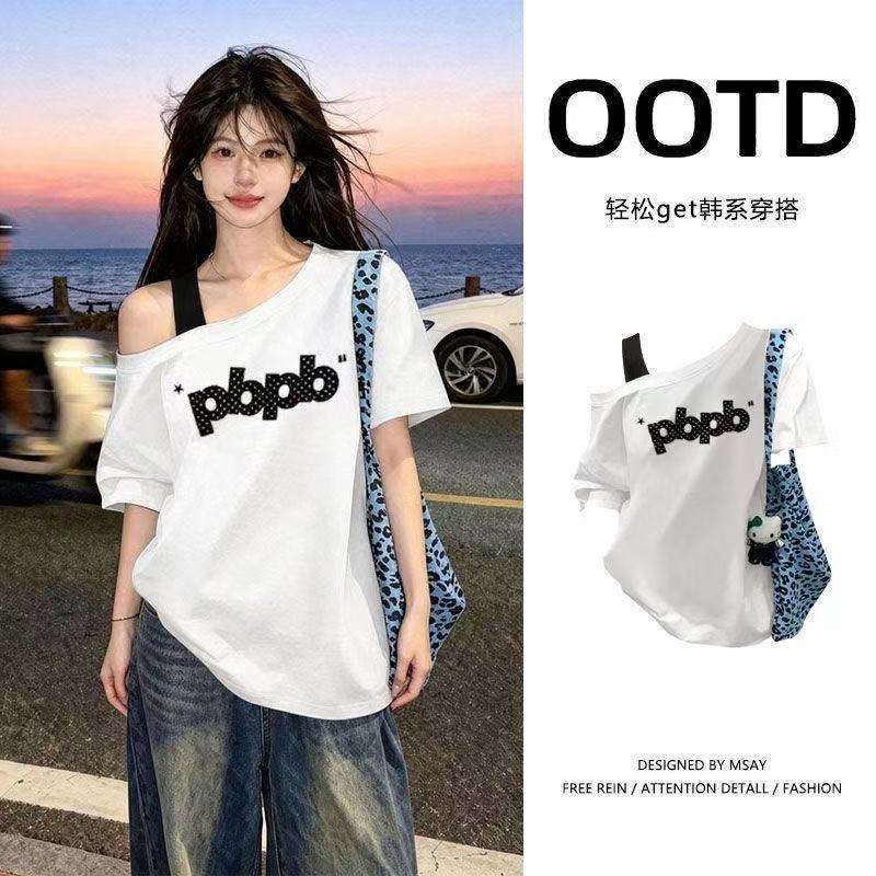 COD-เสื้อยืดแขนสั้นผู้หญิงสีขาว ผ้าฝ้ายทรงหลวมลายจุดและตัวอักษร สไตล์ชิค ออกแบบมีเอกลักษณ์ ใส่ทำงานฤดูร้อน 2026-มีหลายสี