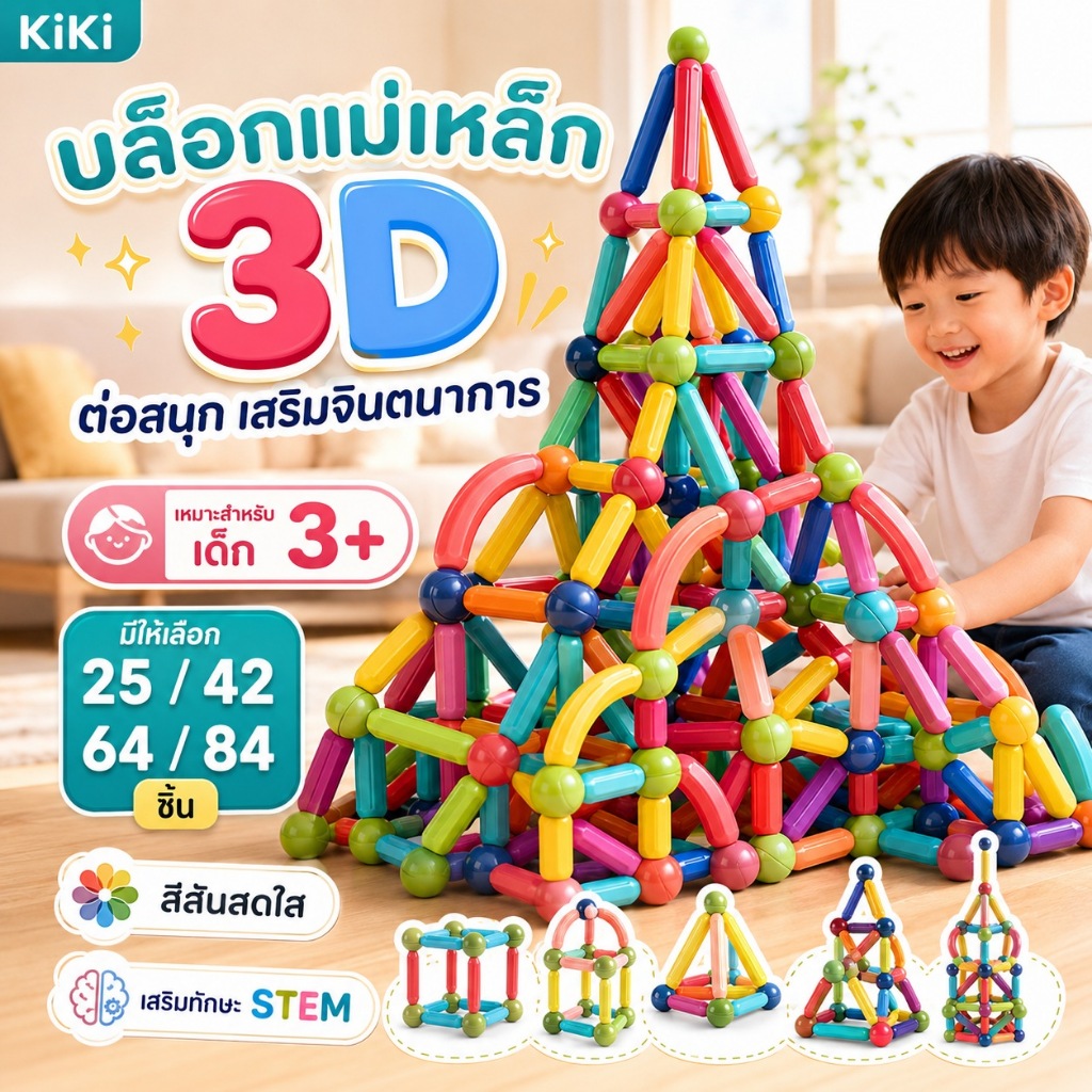 KiKi บล็อคตัวต่อแม่เหล็ก 3D ของเล่นเด็ก เสริมทักษะ บล็อกตัวต่อแม่เหล็ก สร้างจินตนาการ เกมสมอง