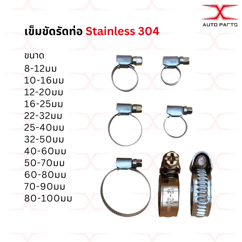 เข็มขัดรัดท่อสแตนเลส แบบปรับขนาดได้ ขนาด 8mm-40mm