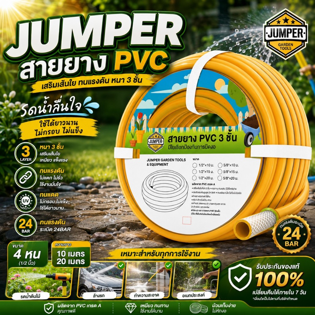 Jumper สายยาง PVC เสริมเส้นใย ทนแรงดัน หนา 3 ชั้น ขนาด 4 หุน ยาว 10/20 เมตร สายยางรดน้ำ ใชได้ยาวนานไม่กรอบไม่แข็ง