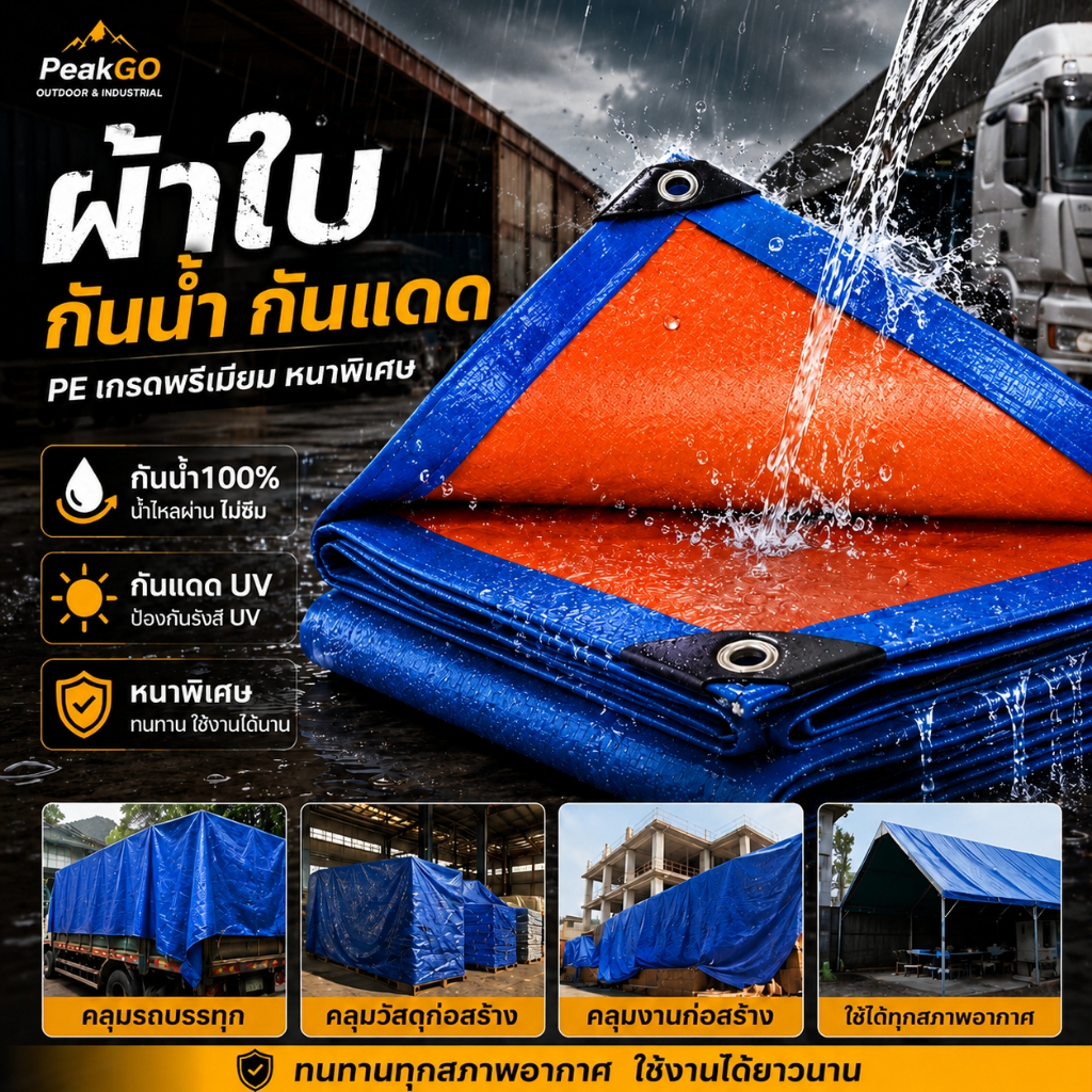 PeakGO ผ้าใบกันน้ำ PE กันแดด100% มีตาไก่ หนา0.35มม. ทนทาน คลุมรถ/คลุมของ อเนกประสงค์ พร้อมส่ง