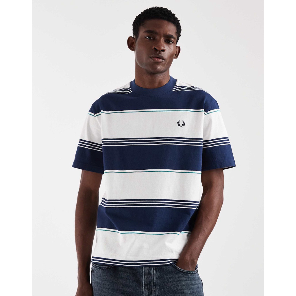 Fred Perry Heavyweight Striped T-Shirt in Tennis Blue (Oversize)