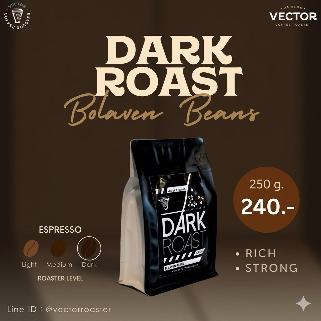 VECTOR : เมล็ดกาแฟคั่วเข้ม (อราบิก้า 100% จากโบโลเวน เกรดพรีเมี่ยม) 250 กรัม