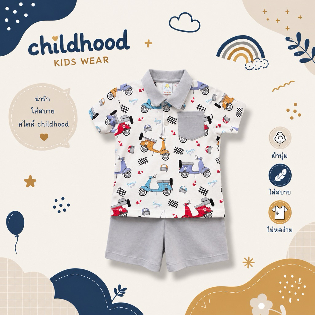Childhood เสื้อโปโลและกางเกงสำหรับเด็กผู้ชาย ลายสัตว์และลายรถ