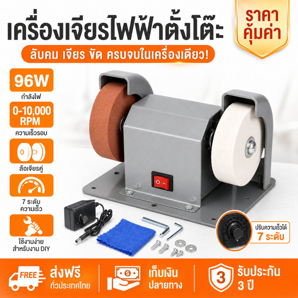 เครื่องเจียรไฟฟ้าตั้งโต๊ะ 96W เครื่องลับมีด เครื่องขัดเงา ปรับความเร็ว 0-10000RPM ล้อเจียรคู่ สำหรับงาน DIY
