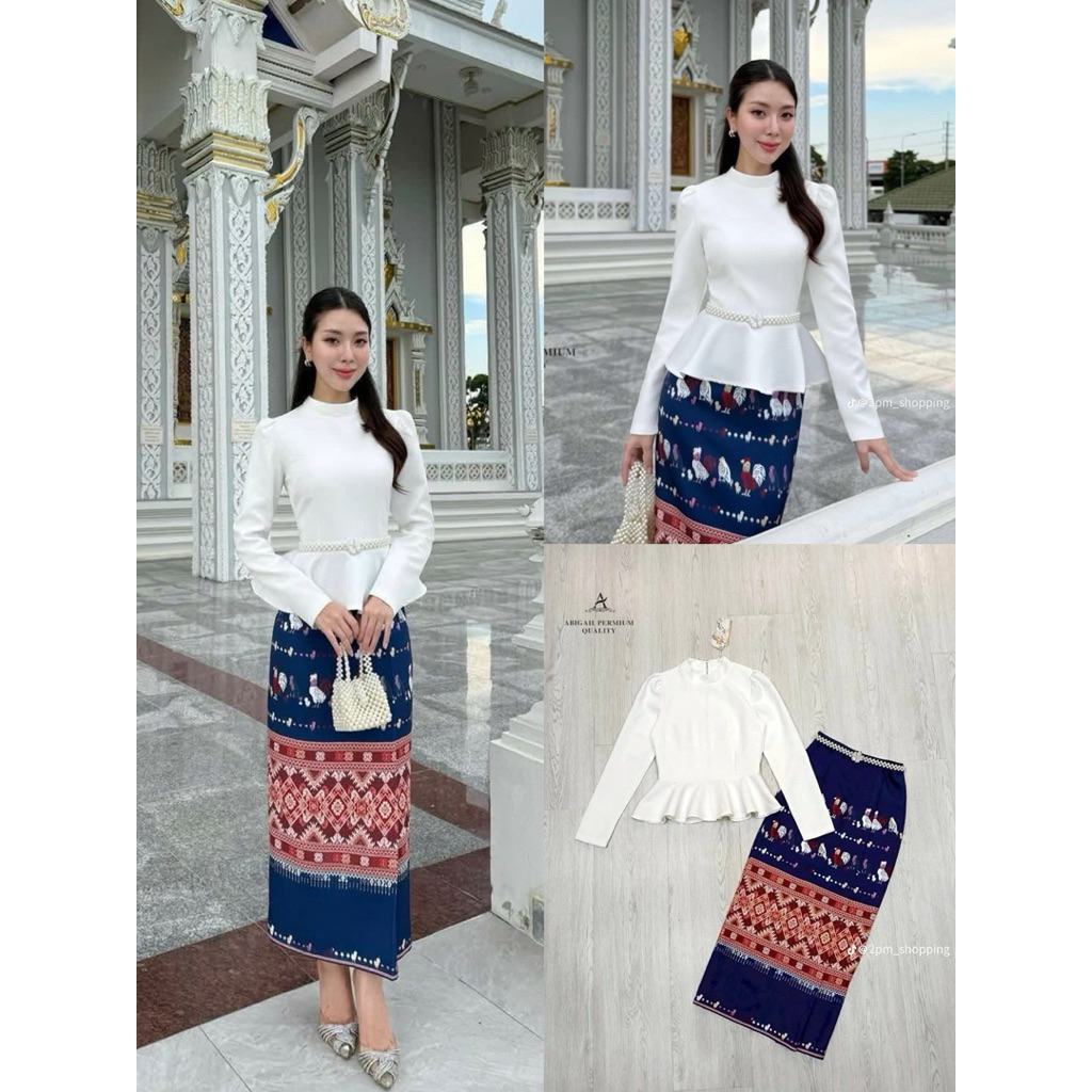 มี M,L,Xl เอวเล็ก/และตำหนิเล็กน้อย✅ชุดไทยประยุกต์เสื้อแขนยาว+กระโปรงพิมพ์ลายไทย+เข็มขัดมุกสวยมาก ป้าย Abigail