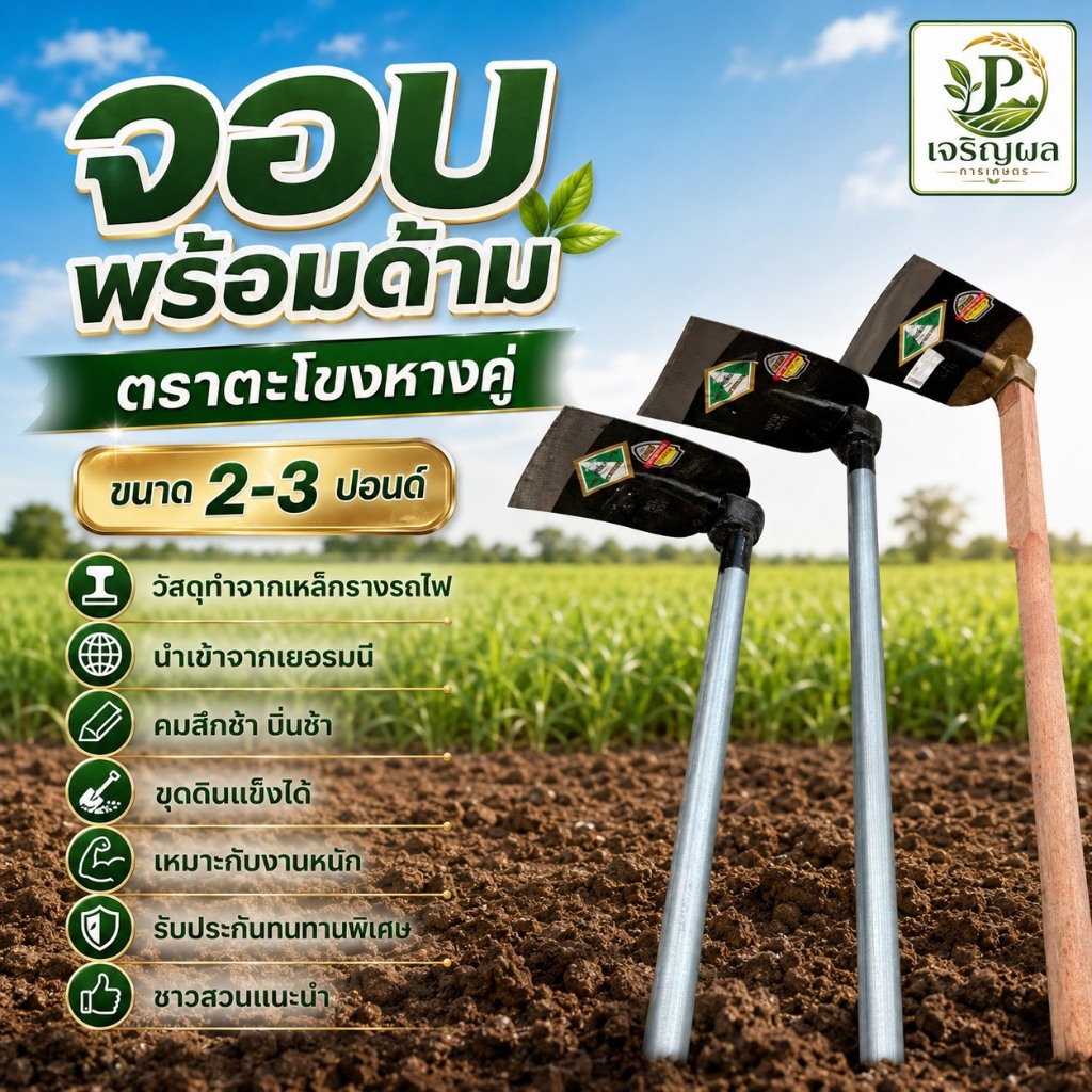 จอบพร้อมด้าม ตราจระเข้《พร้อมด้ามไม้ ด้ามเหล็ก》สินค้าพร้อมใช้งาน