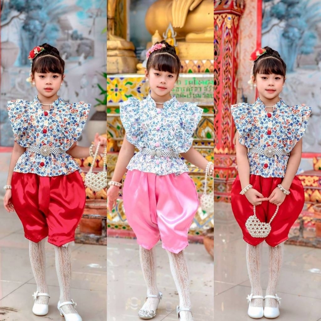 Bn // ชุดไทยเด็กโจงกระเบนลายดอกไม้ เนื้อผ้าใส่สบาย