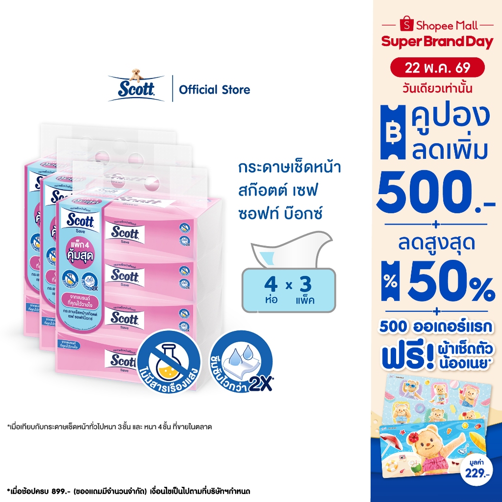 กระดาษเช็ดหน้า สก๊อตต์® เซฟ ซอฟท์ บ๊อกซ์ 160 แผ่น 4 ห่อ x3 แพ็ค Scott® Save Soft Box 160 sheets x3 packs