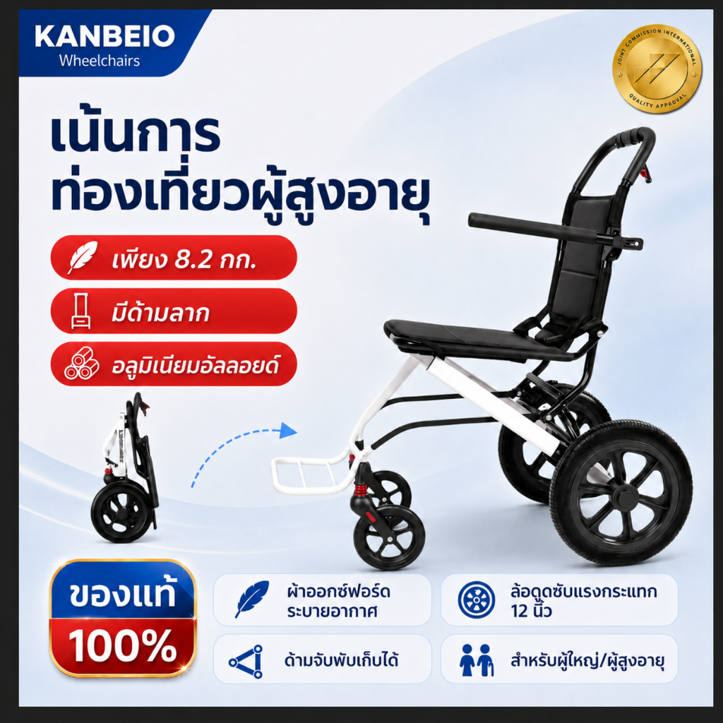 รถเข็นผู้สูงอายุ วีลแชร์พับได้ น้ำหนักเบา 7.8กก. รถเข็นผู้ป่วยพกพา ล้อหลังใหญ่ พับเก็บง่าย ขึ้นเครื่องบินได้ KANBEIO