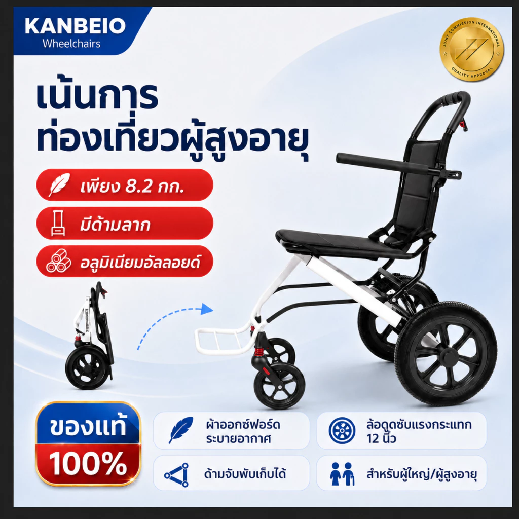 รถเข็นผู้สูงอายุ วีลแชร์พับได้ น้ำหนักเบา 7.8กก. รถเข็นผู้ป่วยพกพา ล้อหลังใหญ่ พับเก็บง่าย ขึ้นเครื่องบินได้ KANBEIO