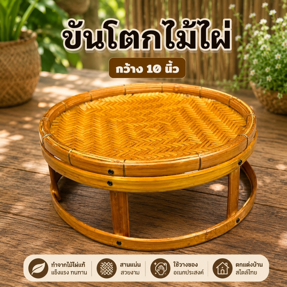ขันโตกสาน กว้าง 10 นิ้ว สูง 4 นิ้ว ขันโตก ขันโตกไม้ไผ่ (ขันโตกด้ง10นิ้ว)