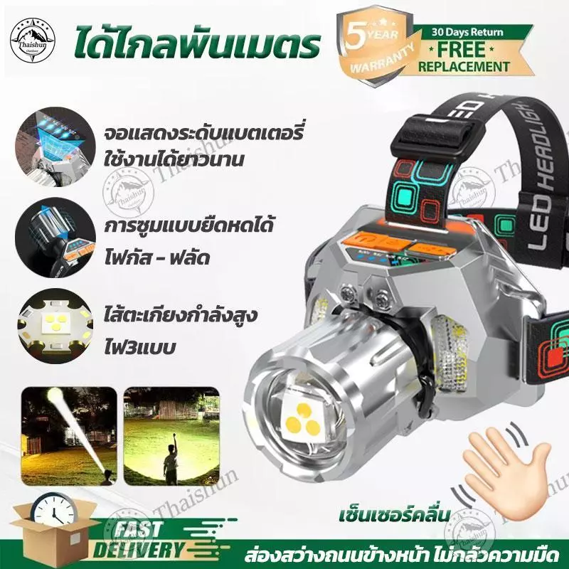 Thaishun ไฟฉายคาดหัว ไฟคาดหัว 30000mAh 99999980W ปรับได้4สี เซ็นเซอร์โบกมือสว่างได้10กมกันน้ำกันฝน ไฟฉายคาดศรีษะ