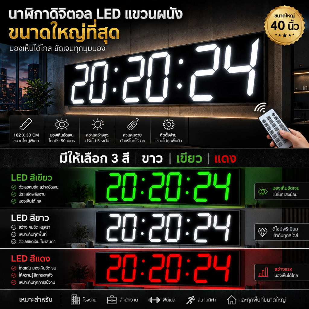 นาฬิกาดิจิทัล LED 40 นิ้ว จอใหญ่ยักษ์ 102 ซม. เห็นชัดไกล ปลุกได้ 7 รอบ ฟรีสาย+อะแดปเตอร์ ของแท้ 100% พร้อมส่ง