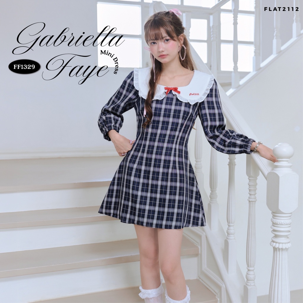 FLAT2112 : GABRIELLA FAYE MINI DRESS เดรสสั้นลายสก็อต เดรสลายสก็อตผู้หญิง เดรสคอกว้าง เดรสโบว์แดงน่ารัก (FF1329)
