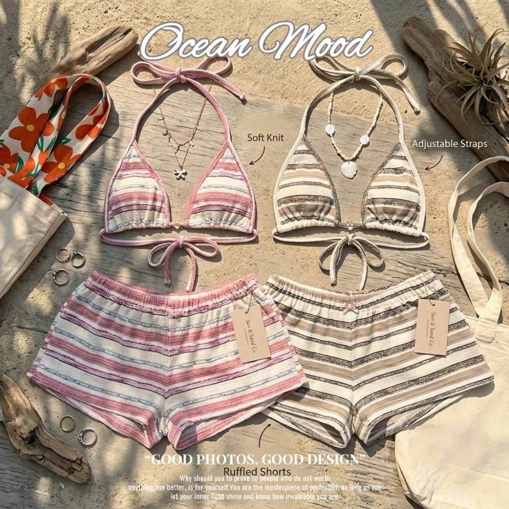 Bikini Set เซ็ตชุดว่ายน้ำวินเทจ โบฮีเมียน บิกินี่ผูกคอพร้อม กางเกงขาสั้น ลายทาง Beachwear|Ocean Mood