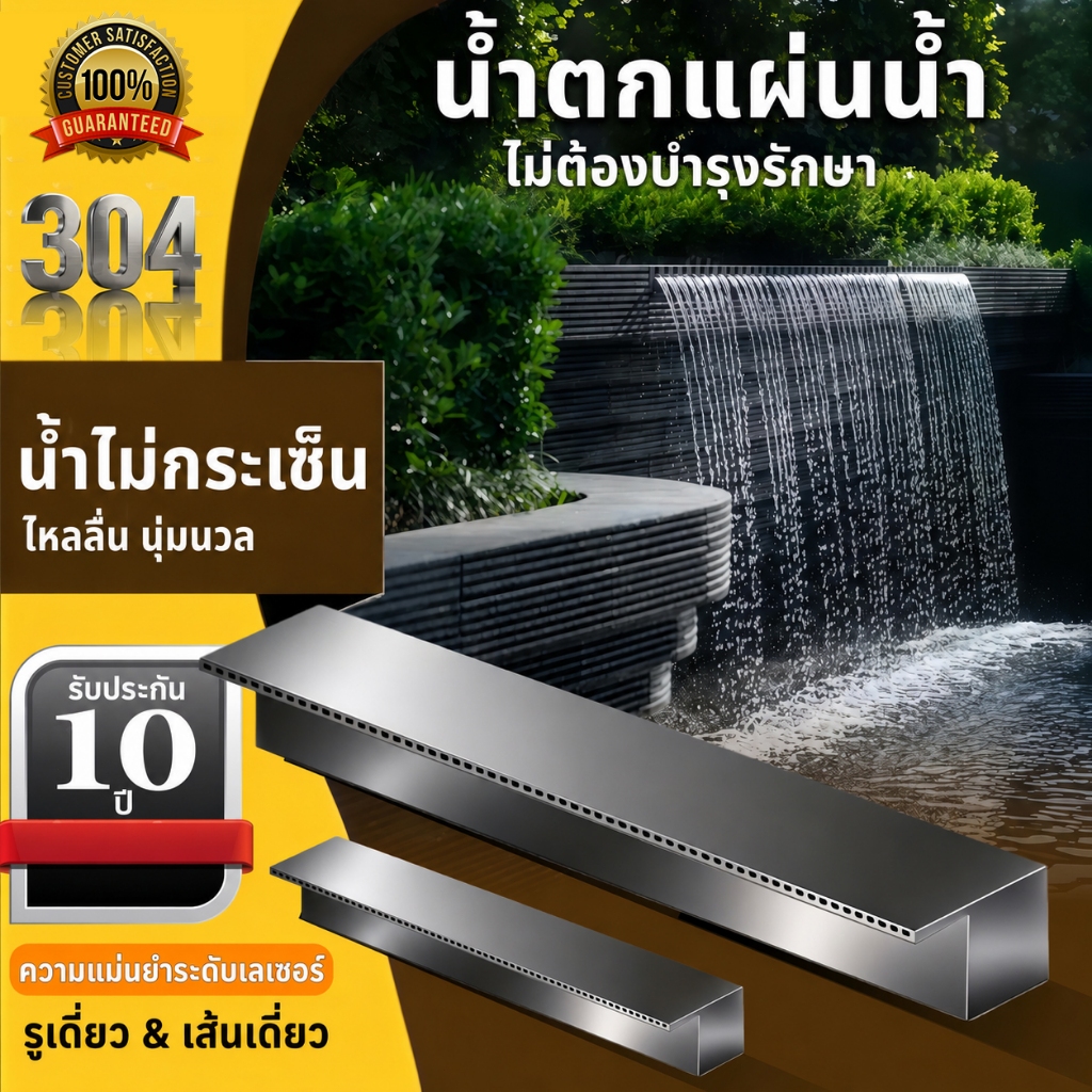ม่านน้ำตกสแตนเลส 304 รางน้ำตกแต่งสวน น้ำไหลสวยสม่ำเสมอ ทนสนิม ติดตั้งง่าย สำหรับสระว่ายน้ำ บ่อปลา วิลล่า รีสอร์ต โรงแรม