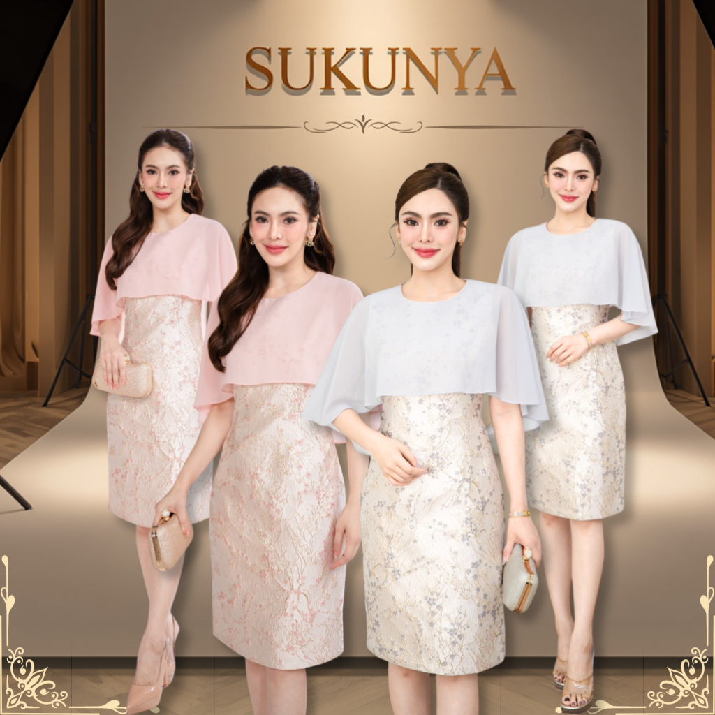Sukunya 6370-1 :งานชุดเดรสผ้าJacquard ลายนูน เนื้อดี มีซับในกระโปรงผ่าหลังเล็กน้อย มีซิปหลัง มาพร้อมดีไซน์ช่วงคอกับแขนแต