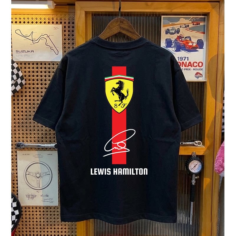 HOT!เสื้อยืด Ferrari Lewis Hamilton ลายโลโก้และลายเซ็น ใส่สบาย ส่งของพร้อม