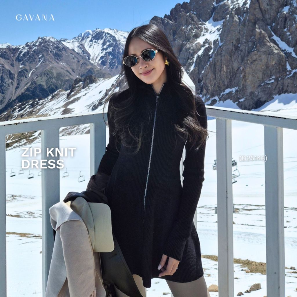 GAVANA - Zip Knit Dress เดรสไหมพรมแขนยาวซิปหน้า เอวคอดสวยมาก ผ้าแน่นไม่ย้วย  #D25143