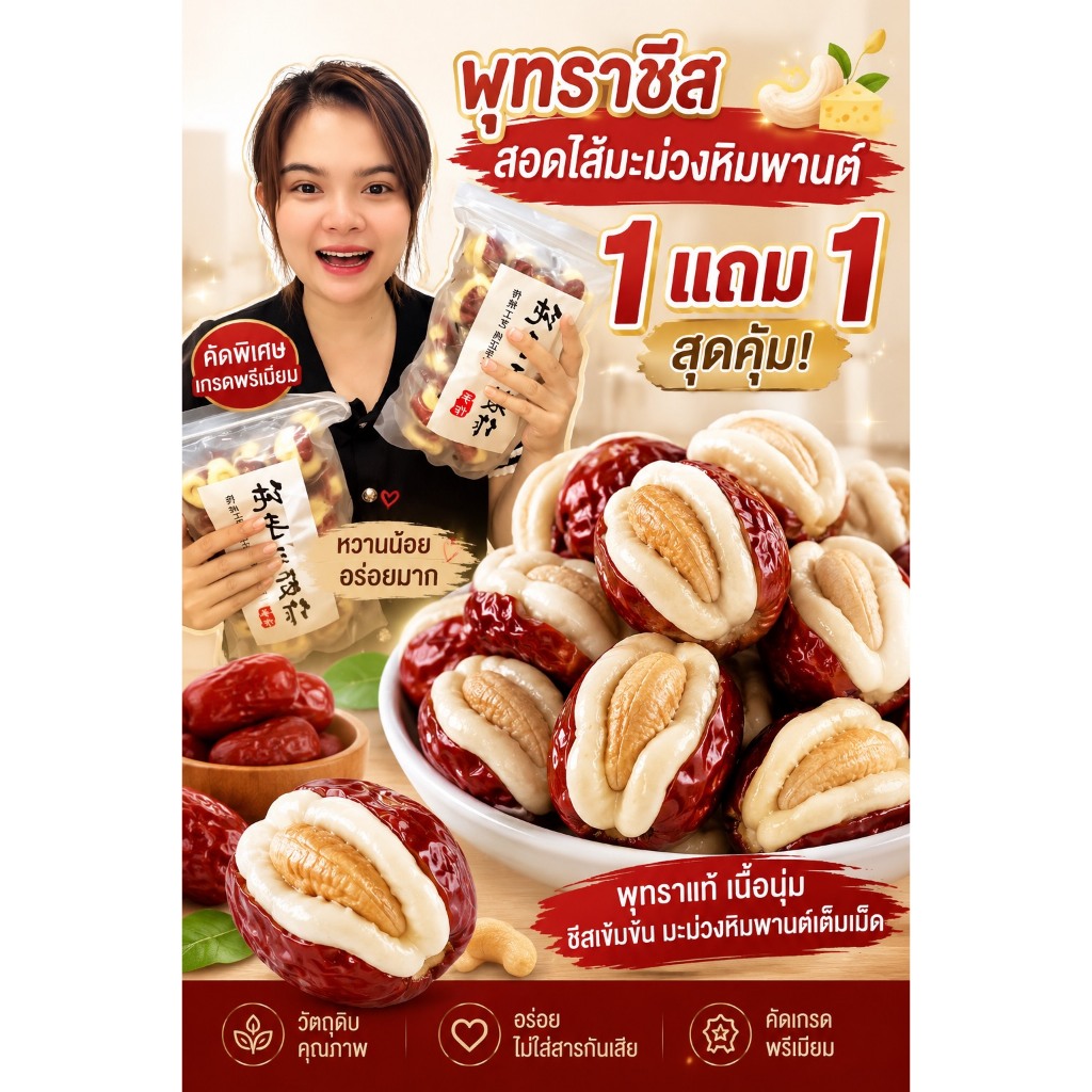 พุทราสอดไส้นมชีสเม็ดมะม่วงหิมพานต์ บรรจุถุงละ 500 กรัม (สินค้าพร้อมส่ง)
