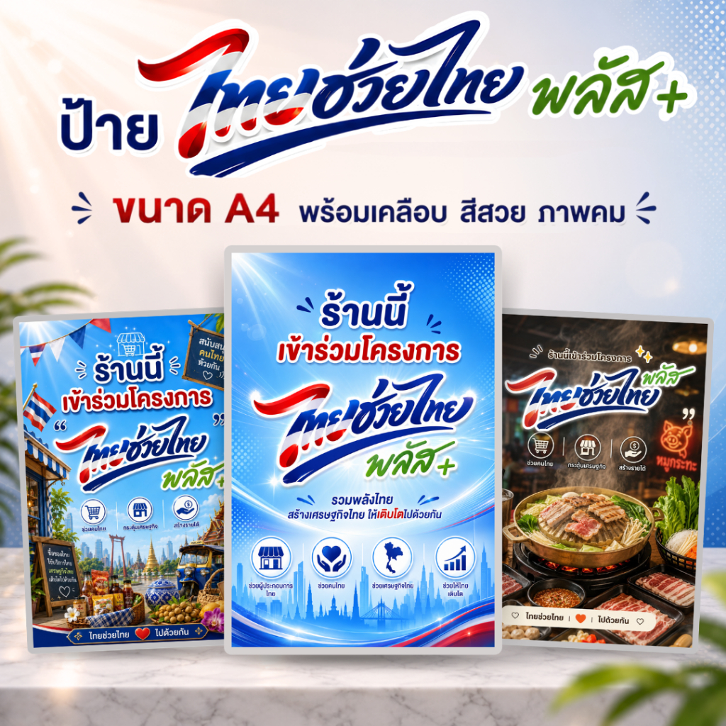 ป้ายไทยช่วยไทยพลัส A4 เคลือบกันน้ำ สีสดคมชัด พร้อมใช้งาน ติดหน้าร้าน ร้านค้าเข้าร่วมโครงการ