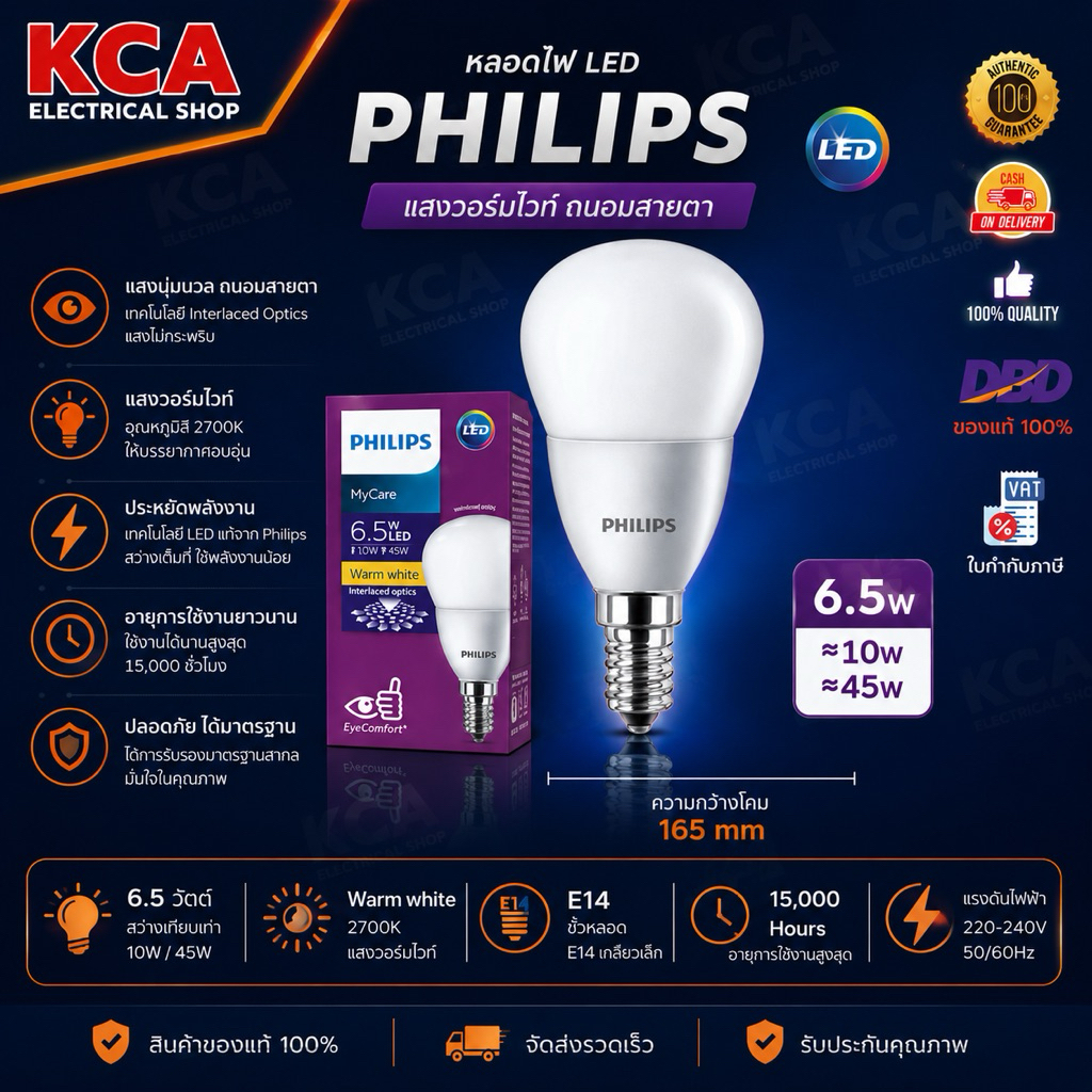 Philips หลอดไฟ Led Bulb 6.5W ขั้วเล็กE14 My Care ((กล่องยับบ้าง))