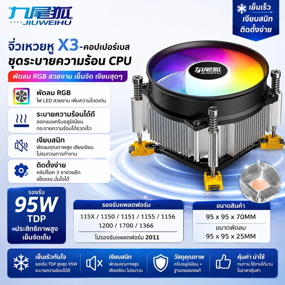 MINGSU X3 RGB CPU Cooler พัดลมระบายความร้อน CPU แบบเงียบ รองรับ Intel 1700 / AMD AM4 AM5 ชุดระบายความร้อนคอมพิวเตอร์ 95W