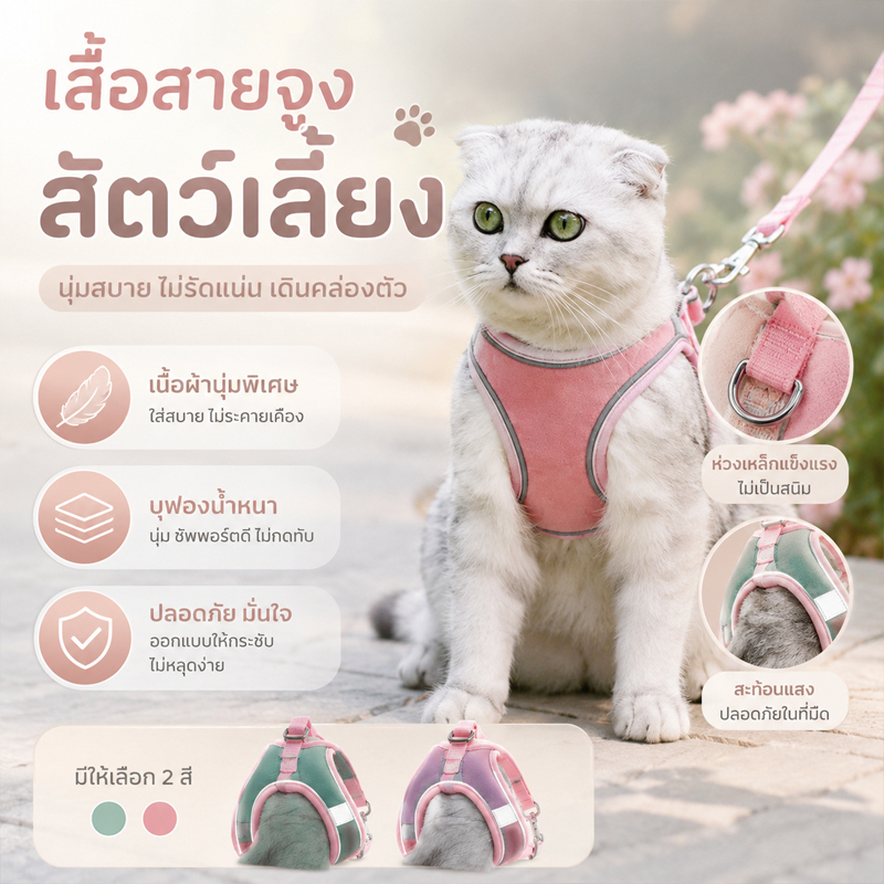 สายจูงสุนัข เชือกจูงแมว สายจูงแมว เนื้อผ้าระบายอากาศ พกพาได้ เสื้อรัดอกแมว