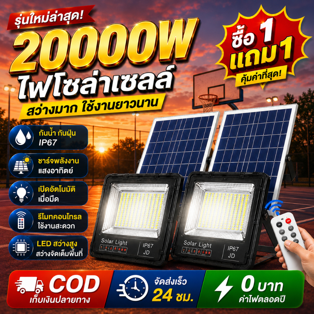ซื้อ 1 แถม 1 ไฟโซล่าเซลล์ 20000W กันน้ำกลางแจ้ง ป้องกันฟ้าผ่า Solar light สว่างอัตโนมัติเมื่อฟ้ามืด