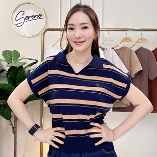 Serene's Choice เสื้อไหมพรม โปโลแขนล้ำ ลายริ้ว Stripe คอปก ปักโลโก้ Serene สไตล์เกาหลี