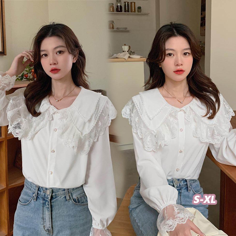 👚Anna👚 เสื้อเชิ้ตคอตุ๊กตาสไตล์เกาหลี ทรงหลวม แต่งลูกไม้ กระดุมแถวเดียว แขนยาว สำหรับผู้หญิง แฟชั่นฤดูใบไม้ร่วง W685