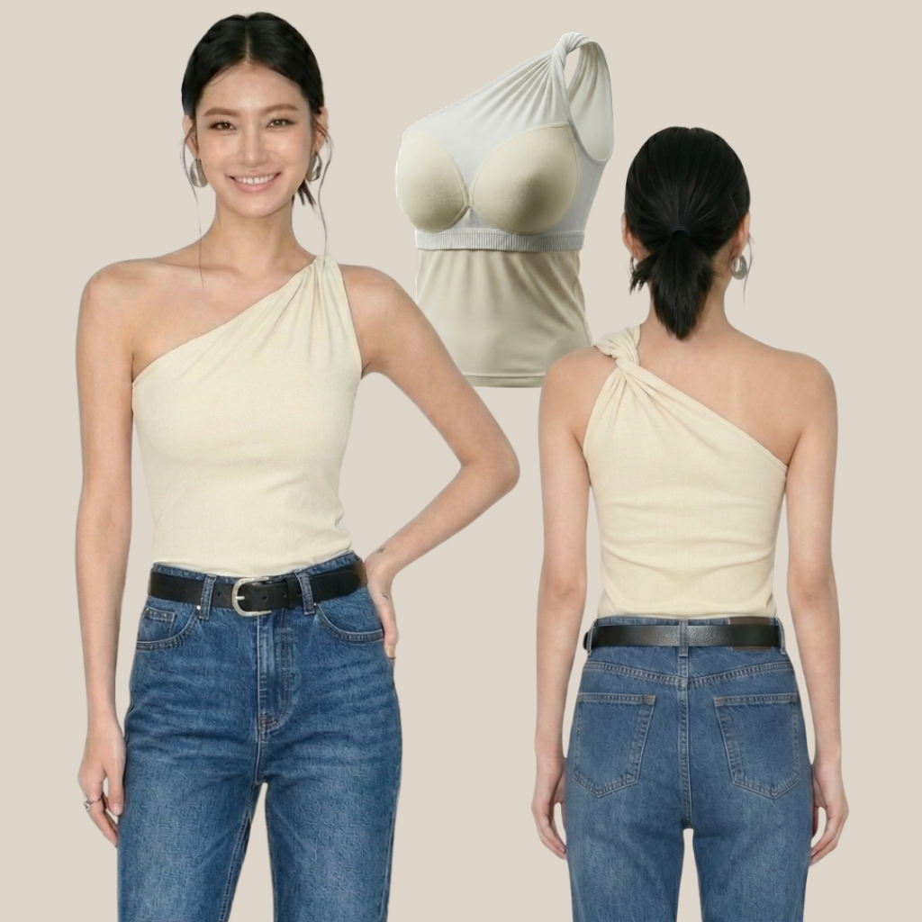 WsimpleBra | Athena One Shoulder เสื้อไหล่เดี่ยว ดีไซน์บิดเกลียว มีบราในตัว เลิกใส่ชุดชั้นในและซิลิโคล