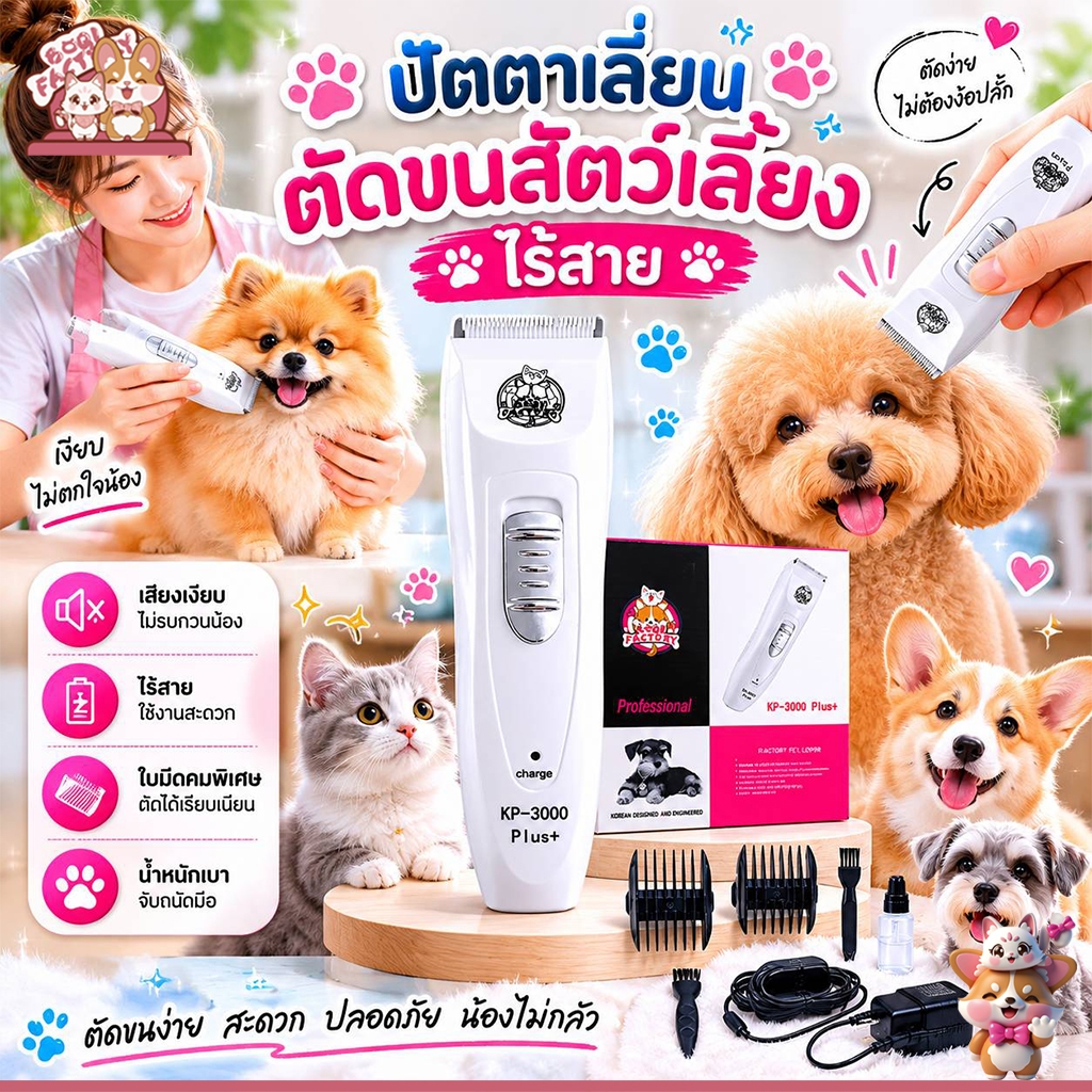 Boqi Factory ปัตเลียนตัดขนสุนัข ไร้สาย ใบมีดแสตนสผสมเชรามิค KP-3000 Plus+