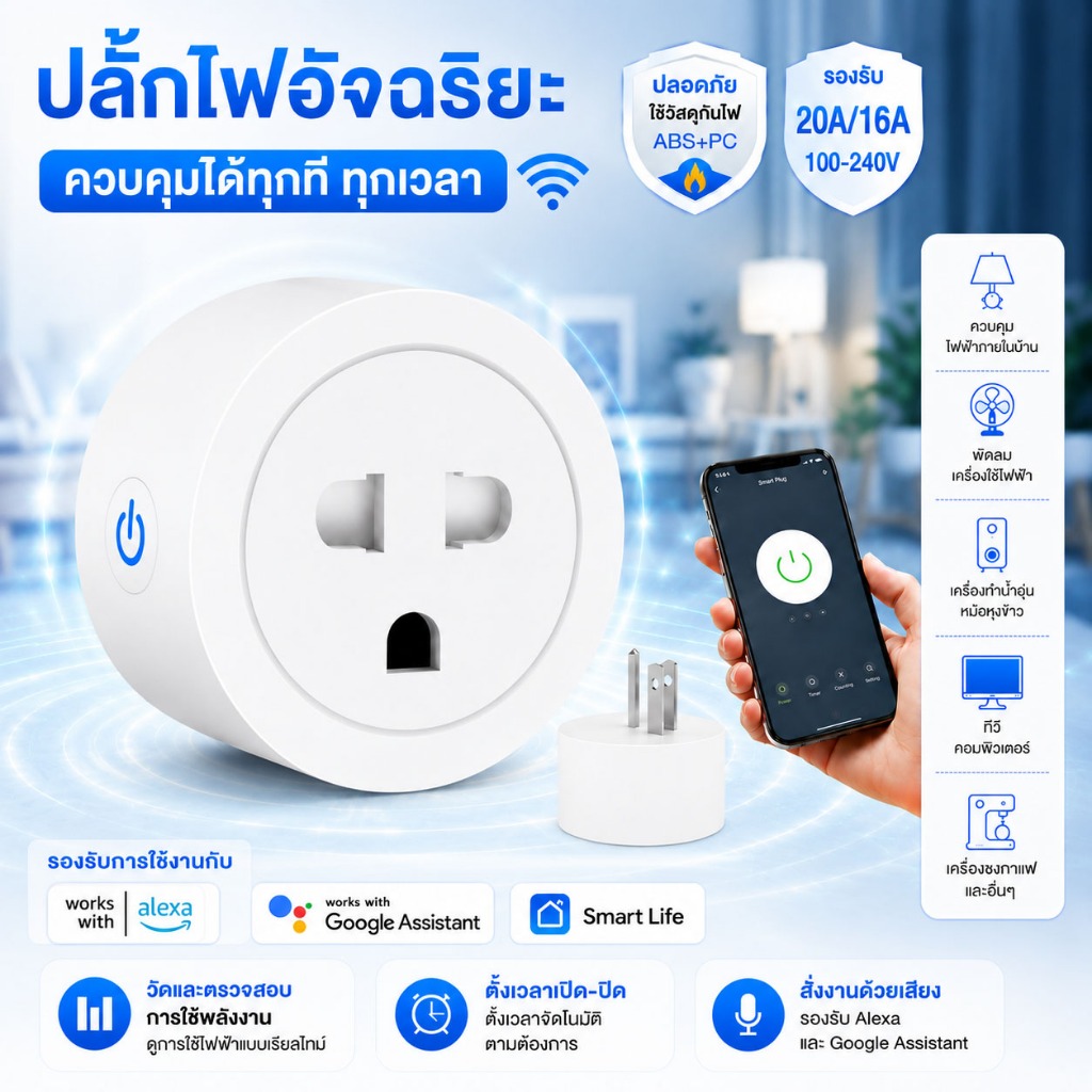 Tuya WiFi Smart Plug 16A 20A ปลั๊กอัจฉริยะ วัลังงาน ปลั๊ฟ ควบคผ่าแอพ ควบคุมด้วยเสียงในบ้าน Smartlife รองรับ Alexa google