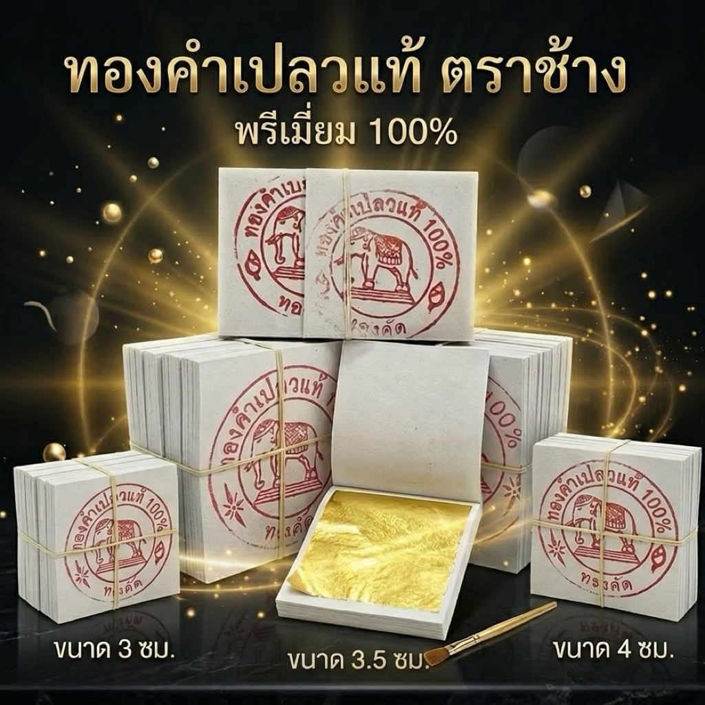 แผ่นทองคำเปลว ปิดพระพุทธรูป ตราช้าง(ของแท้) | แผ่นทอง 3cm, 3.5cm, 4cm | ทองคำเปลวแท้ ทำบุญ I จันไซที