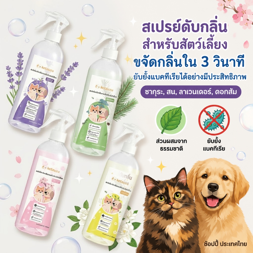 Ketzuzu สเปรย์ดับกลิ่นทรายแมว กำจัดกลิ่นฉี่แมวและกลิ่นตัวสัตว์เลี้ยง หอมสดชื่น ใช้ง่าย 250ml/500ml