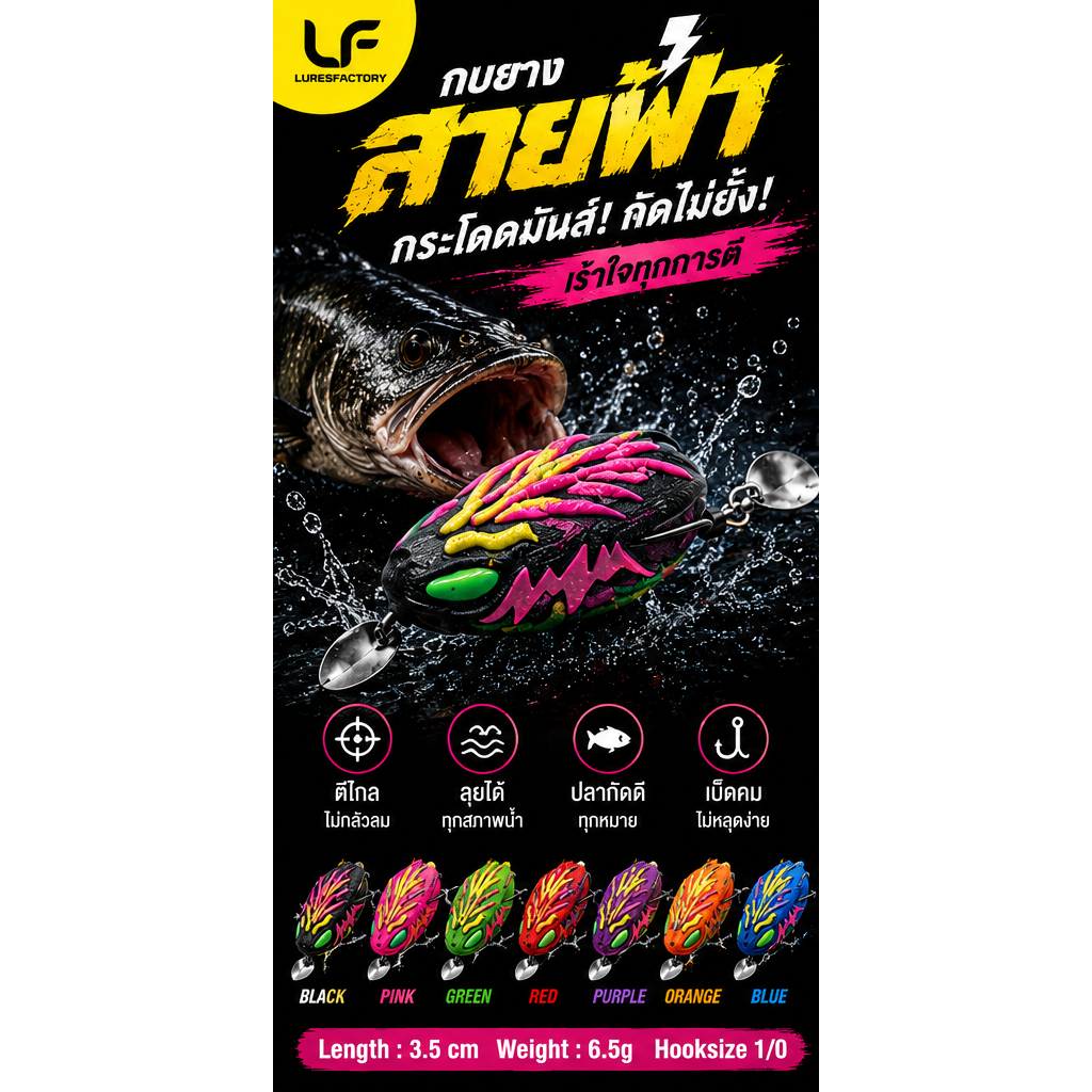 กบยาง สายฟ้า เบ็ด 1/O เบ็ดแนบตัวเหยื่อพอดี กันสวะได้สบาย ตกปลาช่อน ขนาด 3.5 cm น้ำหนัก 6-7 g. ใบหลิวคู่