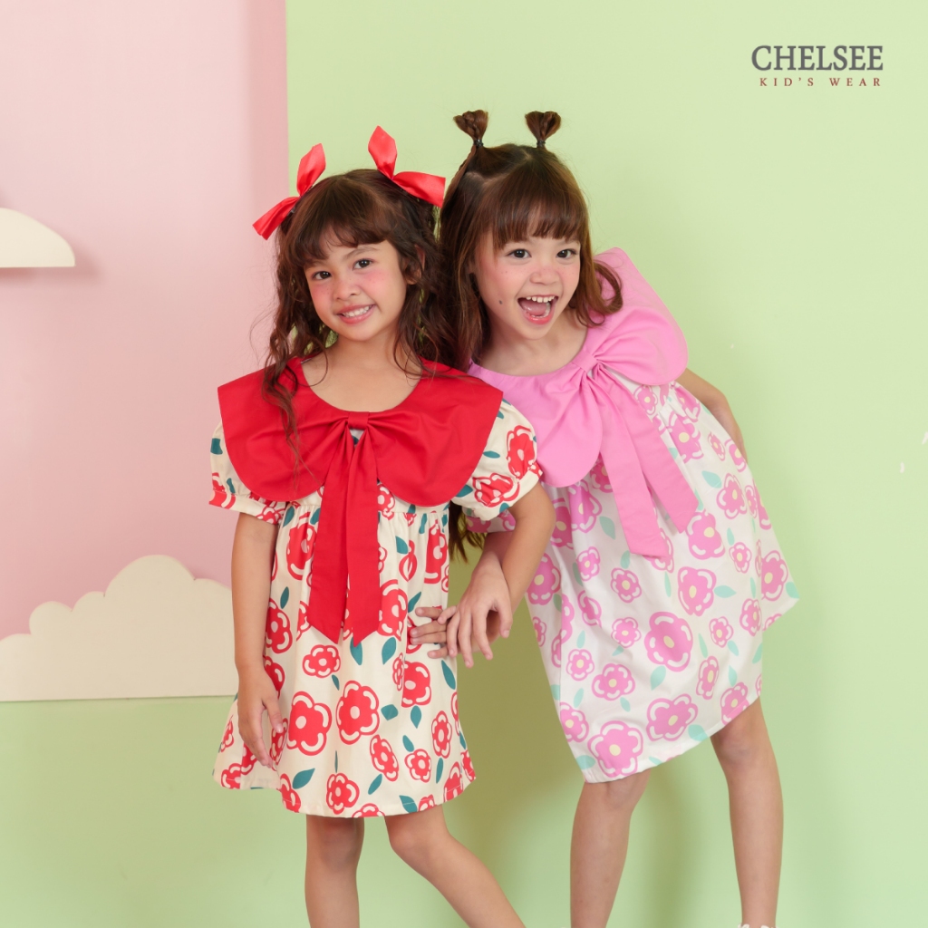 Chelsee ชุดเดรสกระโปรง ปกโบว์ แขนตุ๊กตา ลายดอกไม้ ผ้า 100%Cotton เด็กผู้หญิง อายุ 1.5-10ปี เสื้อผ้าเด็ก รุ่น 238263