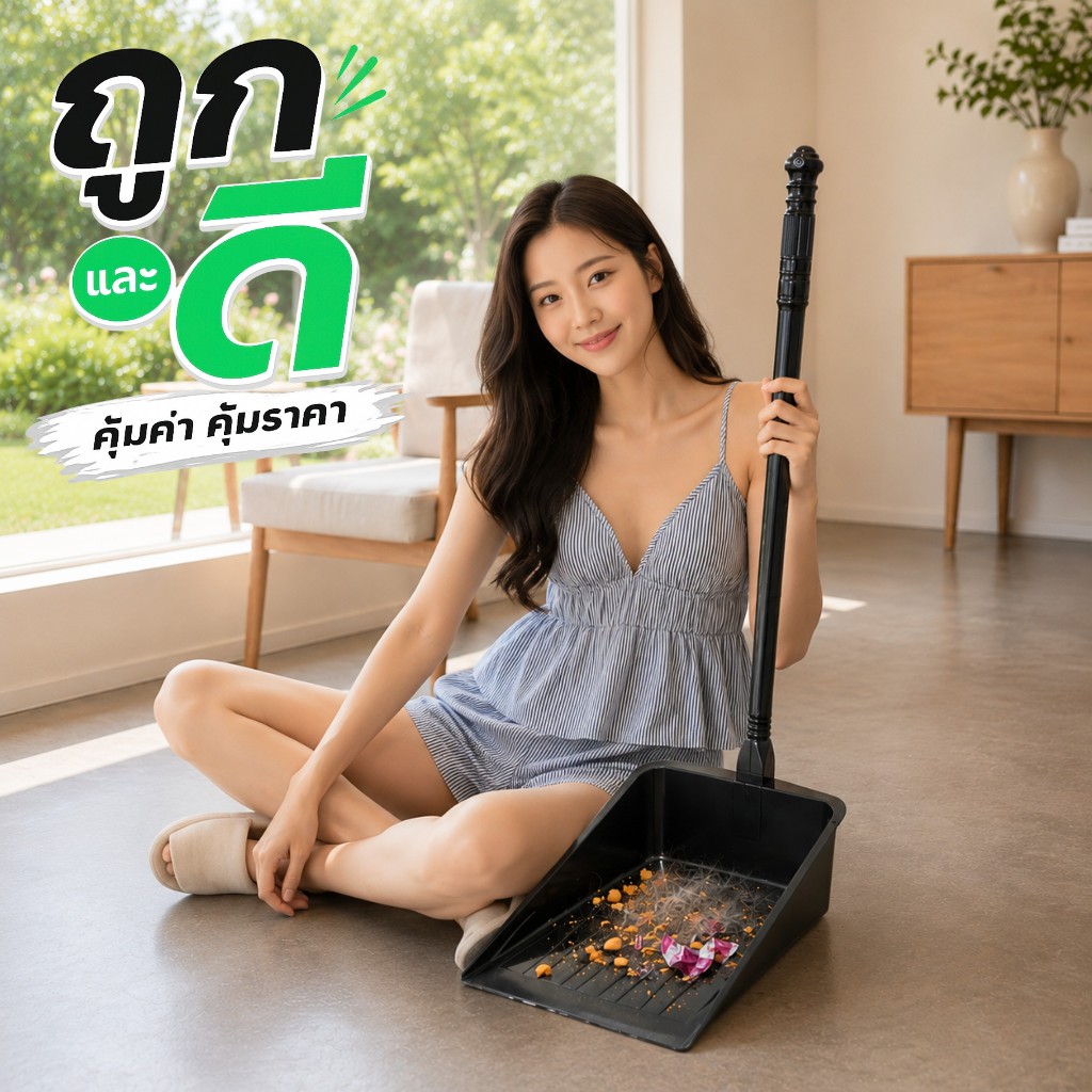 ที่ตักขยะ ที่โกยผงด้ามยาว ที่โกยผงมีด้ามจับ พลาสติก แข็งแรง ทนทาน รุ่นประหยัด