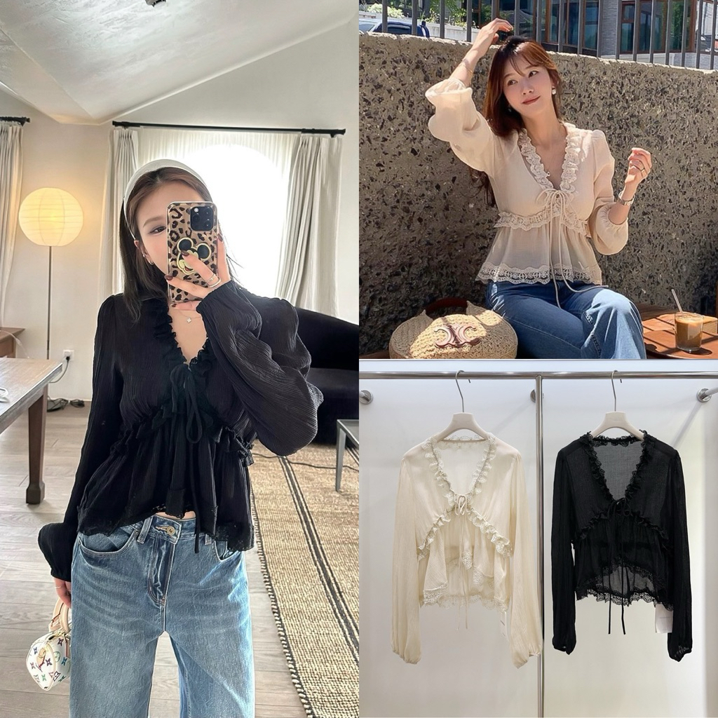 ส่งด่วน 🛵 #90367 𝗟𝗨𝗖𝗜𝗔 𝗟𝗔𝗖𝗘 𝗧𝗢𝗣 เสื้อแขนยาวดีไซน์ผูกโบว์หน้า แต่งระบายลูกไม้พริ้ว