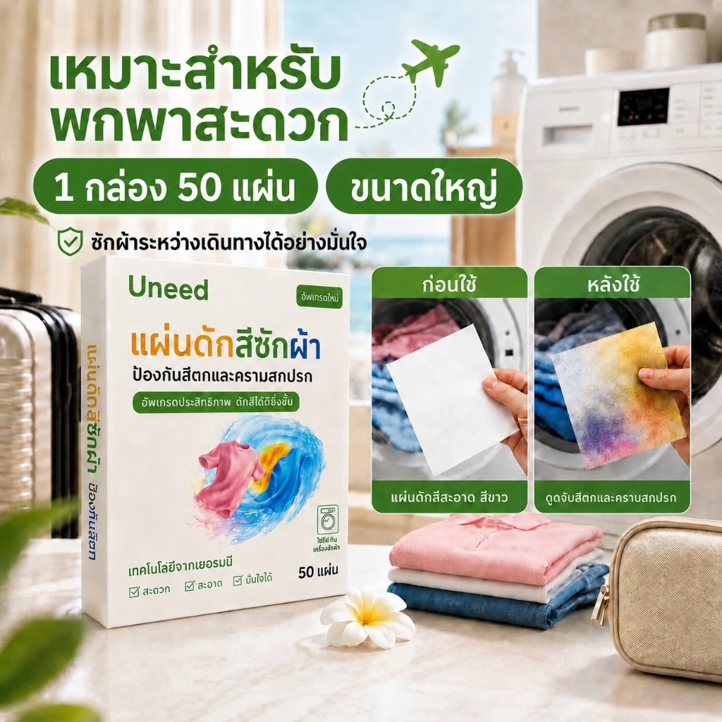 【UNEED】ขนาดใหญ่แผ่นดักจับสีตก จัดสีตก ซักผ้า ขนาดเดินทาง 1 กล่อง 50 เเผ่น ป้องกันผ้าสีตก ซักรวมได้ ไม่ต้องแยกผ้า